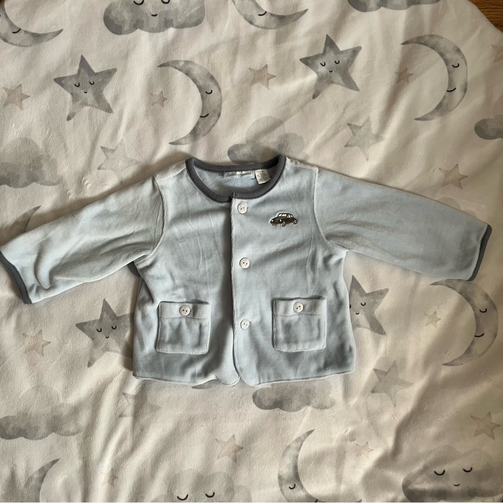 Vintage Light Blue Baby Cardigan with Car Patch 0-3 months First Impressions